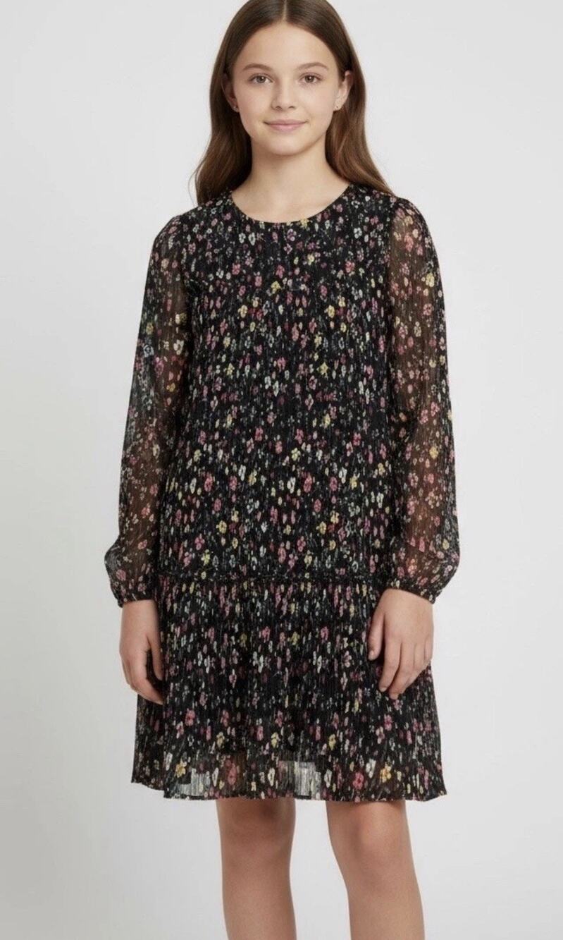ZARA Kids Girls Floral Chiffon Pleated Dress Sheer Long Sleeve Black Ruffle Sz 8